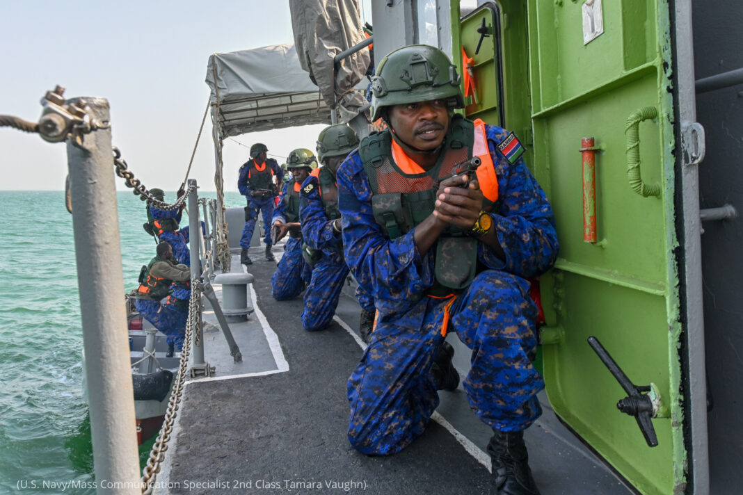 190318-N-RJ834-0197







ATLANTIC OCEAN (March 18, 2019) Members of the Gambian navy  conduct clearing techniques during a simulated drug smuggling and human trafficking scenario aboard the Gambia Navy’s patrol vessel, GNS Kunti Kinte during Exercise Obangame Express 2019 in Banjul, Gambia, March 18. Exercise Obangame Express, sponsored by U.S. Africa Command (AFRICOM), is designed to improve regional cooperation, maritime domain awareness, information-sharing practices, and tactical interdiction expertise to enhance the collective capabilities of Gulf of Guinea and West African nations to counter sea-based illicit activity. (U.S. Navy photo by Mass Communication Specialist 2nd Class Tamara Vaughn/Released)